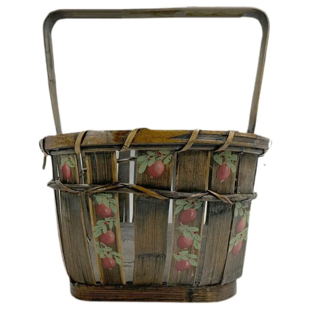 Vintage Farmhouse Reed Basket 1990s Hand Painted Apples Artist Signed Country